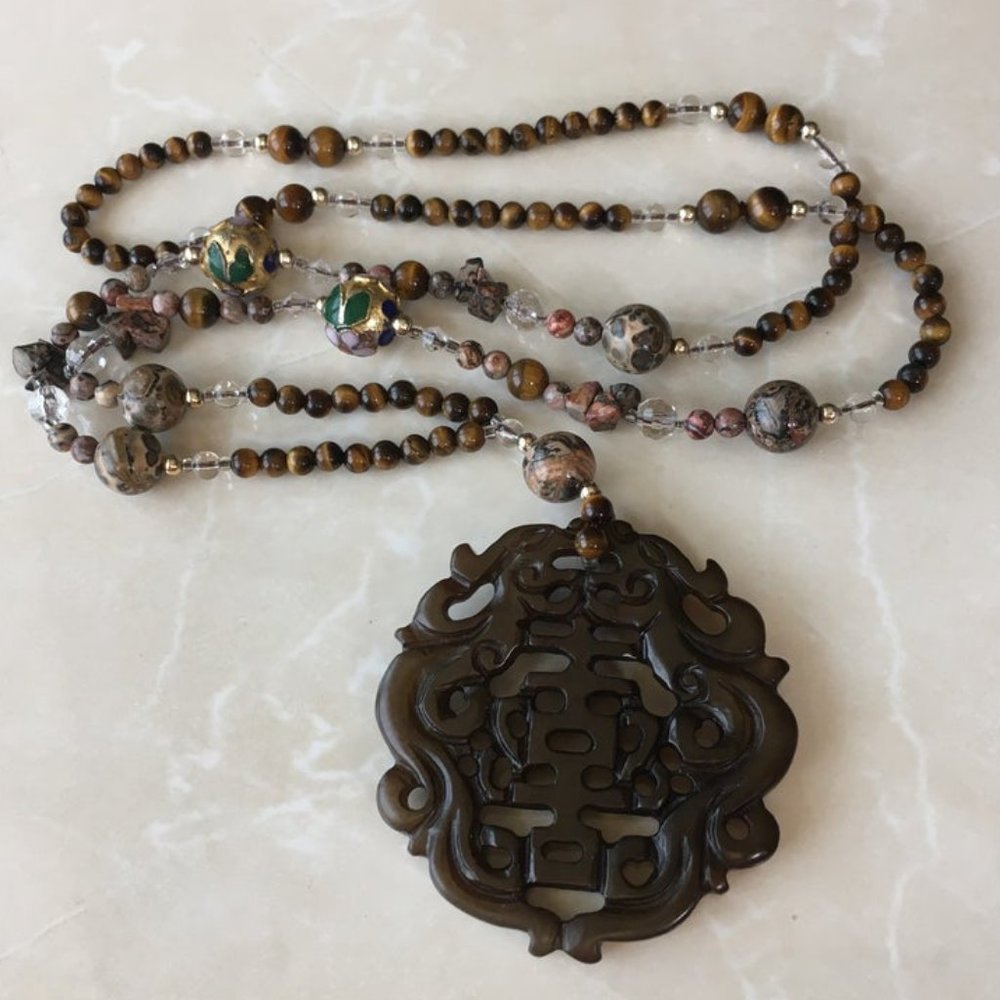 Asian Amulet, Carved Jade, Cloisonné Necklace